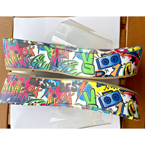 Colorful Street Art Graffiti Sandals Clear Straps ,Chunky Platform Heel Size 10 - Picture 7 of 10